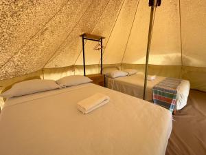 two beds in a tent with towels on them at Luigi's Glamping in Bacalar