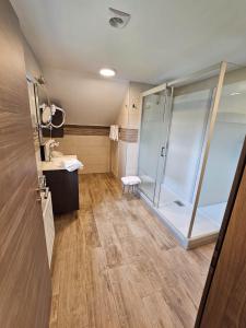 bagno con doccia in vetro e lavandino di Logis Hôtel Le Menobu a Theux