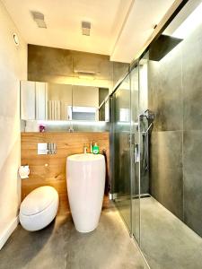 uma casa de banho com um WC, um lavatório e um chuveiro em PODWALE 2 Apartment - Self Check-In 20h ~Parking & Lift em Breslávia