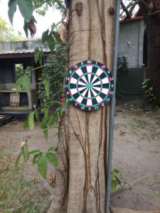 a dart board on the side of a tree at Inn On The Bay in Pasikuda
