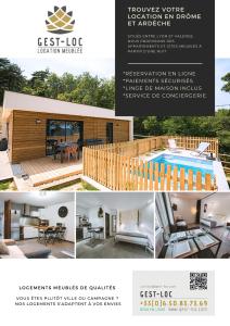 a collage of photos of a house with a pool at -WOOD- Appartement meublé cosy & confort-Parking privé & jardin in Laveyron