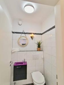 een badkamer met een toilet en een paarse wastafel bij Appartement mit 2 Schlafzimmern-für 3 Personen -Zentral gelegen in Leverkusen Wiesdorf - Friedrich Ebert Platz 5a , 4te Etage mit Aufzug- 2 Balkone - in Leverkusen