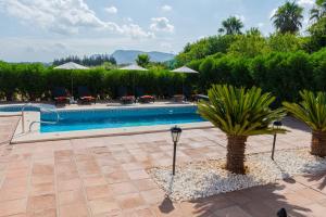 a swimming pool in a yard with chairs and trees at Casa de Ámbar, Bed&Breakfast in Alhaurín el Grande