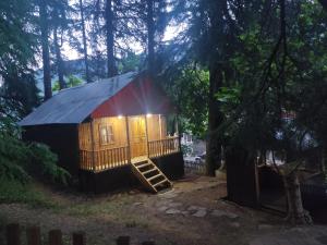 a small cabin with a red roof and a wooden door at Barybari in Khulo