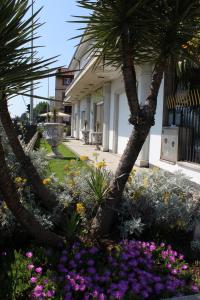 a garden with palm trees and flowers in front of a building at Hotel Emily Fiera in Lainate