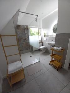 a bathroom with a glass shower and a sink at Ferienwohnung Klein & Fein in Güstrow +16 photos
