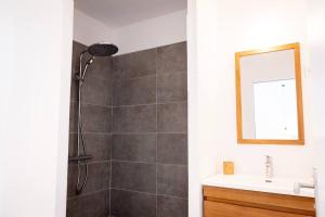 W łazience znajduje się prysznic, umywalka i lustro. w obiekcie TI PUNCH, appartement 3 pièces neuf, front de mer w mieście Les Anses-d'Arlet