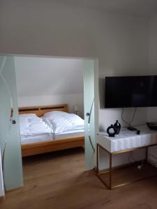 Ferienwohnung Klein & Fein في غوسترو: غرفة نوم بسرير وتلفزيون بشاشة مسطحة