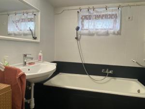 a bathroom with a sink and a tub and a shower at Emese Vendégház in Tiszafüred