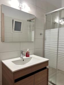 a bathroom with a sink and a shower and a mirror at Odysseas apartments in Agathonisi