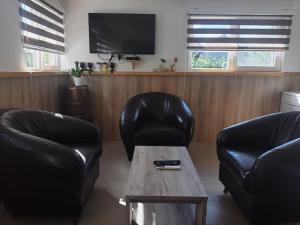 Sala de estar con 2 sillas de cuero y mesa de centro en Calm Nest en Nikšić