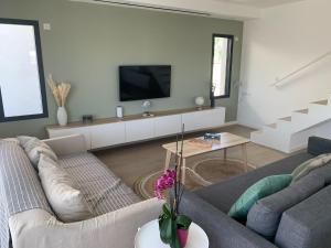 a living room with two couches and a tv at Magnifique Villa, Piscine, Proche Plage, 8 personnes in Lansargues