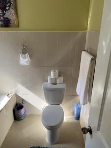 a bathroom with a toilet and towels in it at Luxury one bed room apartment in Nassau