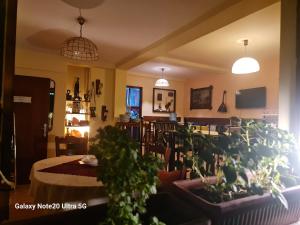 een woonkamer met potplanten en een tafel bij Hotel Kapistec Skopje in Skopje