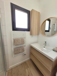 a bathroom with a sink and a mirror at cosy, spacieux, avec balcon, au calme in Artigues-près-Bordeaux