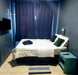 Hotel Windsor Mendoza في ميندوزا: غرفة نوم بسرير وستارة زرقاء