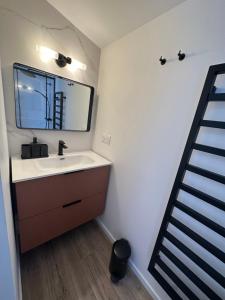 La salle de bains est pourvue d'un lavabo, d'un miroir et d'une échelle. dans l'établissement Maison rénovée proche des plages, à Sète