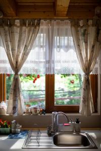 una cucina con lavandino e una finestra con tende di Pura Vida Forest Home a Poiana Horea