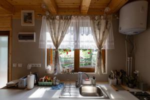 a kitchen with a sink and a window at Pura Vida Forest Home in Poiana Horea