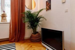 維也納的住宿－Romantic Urban Living，一间带电视和盆栽植物的客厅