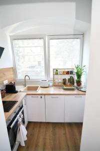 a kitchen with white cabinets and a sink and two windows at Nicole Apartment in Rijeka