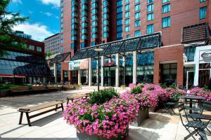 a city street with benches and flowers and buildings at Boston Marriott Cambridge in Cambridge