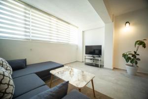 een woonkamer met een blauwe bank en een tv bij Nicholas Apartment Ölüdeniz in Fethiye