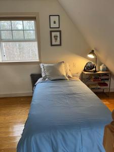 a bedroom with a large bed with a blue blanket at Not-so-tiny, Tranquil, Pond front Bungalow in Canaan