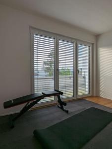 Zimmer mit einem Fitnessraum mit Laufband und großen Fenstern in der Unterkunft Modern Roof-Top with Terrace & View in Zürich