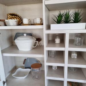 a kitchen shelf with dishes and plants in it at Appartement de luxe bord de Mer Essaouira à 2 pas de la plage in Essaouira