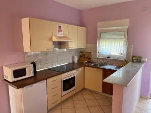 małą kuchnię ze zlewem i kuchenką mikrofalową w obiekcie Apartments Villa Engeli w mieście Vir