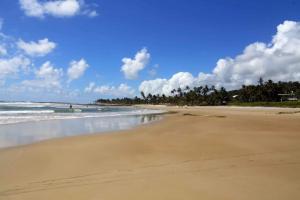 una spiaggia sabbiosa con oceano e palme di Casa Praia Cai Nagua 8/4 a Olivença