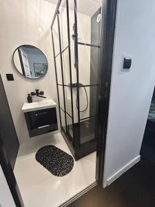 a bathroom with a shower and a sink and a mirror at Zajazd Kasieńka in Orzysz