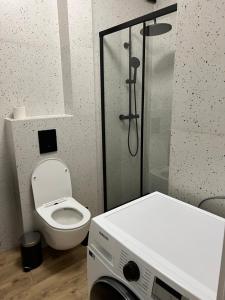 La salle de bains est pourvue de toilettes et d'un lave-linge. dans l'établissement Aquarius Kilińskiego 5, à Grodzisk Mazowiecki