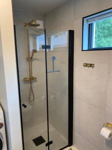 オルカンゲルにあるChalet Orkanger cozy central uniqueのバスルーム(ガラスドア付きのシャワー付)