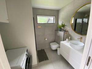 オルカンゲルにあるChalet Orkanger cozy central uniqueのバスルーム(洗面台、トイレ、鏡付)