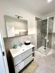 ein Bad mit einem Waschbecken und einer Dusche in der Unterkunft T21 Holiday in Bergamo