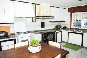 eine Küche mit einem Holztisch und einer Topfpflanze darauf in der Unterkunft Casa Donas in Gondomar