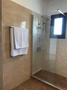 y baño con ducha con cabina de ducha de cristal. en Karpadise Villa en Kárpatos