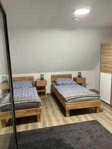 een kamer met 2 bedden en een spiegel bij FMA Ferienwohnung Alfdorf in Alfdorf