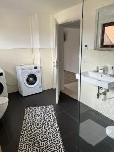 een badkamer met een wasmachine en een wastafel bij FMA Ferienwohnung Alfdorf in Alfdorf