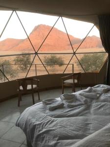 a bed in a room with a view of the desert at Wadi Rum albasli in Wadi Rum