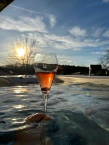 a glass of wine sitting in a swimming pool at Lind Fruchtreich in Sebersdorf