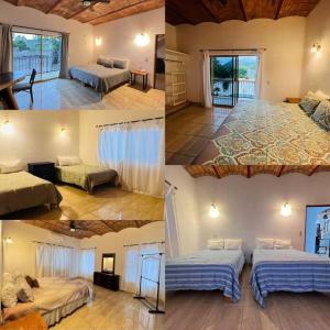 un collage di 4 immagini di una camera con 2 letti di Casa San Marcos a Lo de Marcos