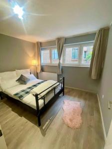 1 dormitorio con 1 cama con alfombra y 2 ventanas en 4-6 Personen Wohnung in Zentrum Köln, en Colonia