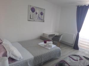een slaapkamer met een bed, een tafel en een stoel bij Apartament BriFla Comfort Mureș in Târgu-Mureş