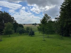 a green field with trees in the middle of it at Rum på Gårdstånga Prästgård in Flyinge