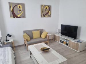 a living room with a couch and a tv at Duplex F3 hypercentre Cherbourg près du port in Cherbourg en Cotentin