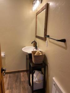 baño con lavabo y espejo en la pared en ParkWay Yellowstone Guest House Apartment #3 en Gardiner