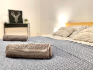 a close up of a bed in a room at Entspannte Souterrain Wohnung in Munster im Heidekreis